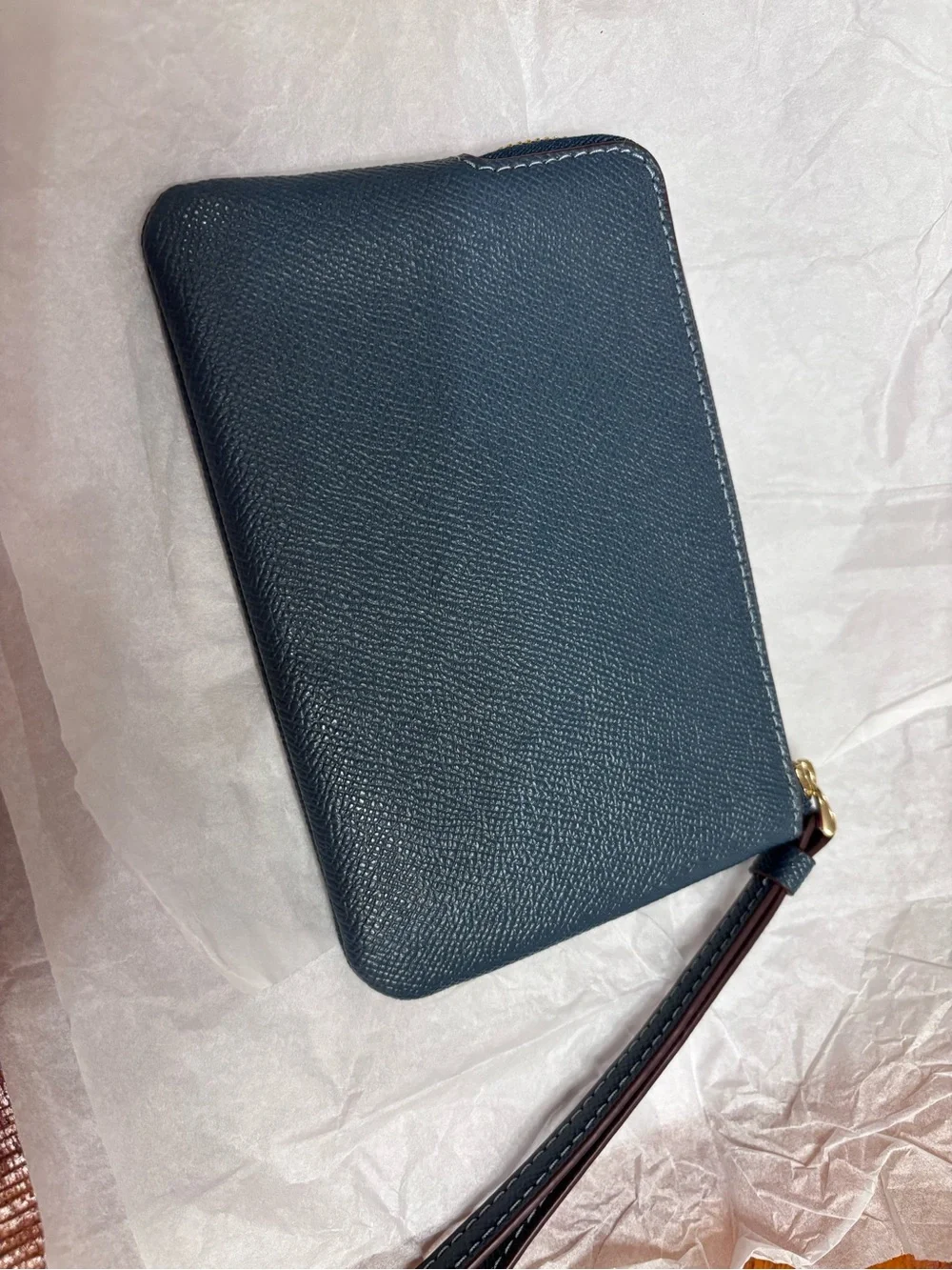 Coach Navy Black Textured Leather Zip Pouch with Gold Logo
